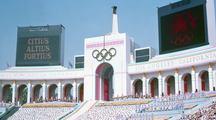 Olympic Torch Tower of the Los Angeles Coliseum on the day of the opening ceremonies of the 1984 Summer Olympics.